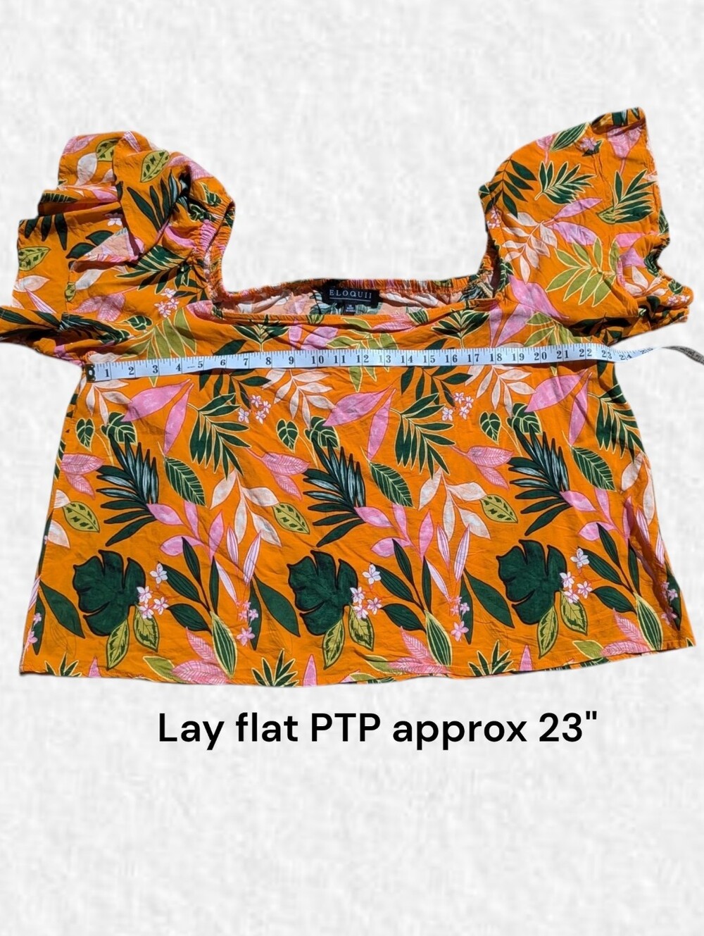 Eloquii Plus Size 18: Bright Orange Tropical Flutter Sleeve Waist Length Top - Picture 5 of 6